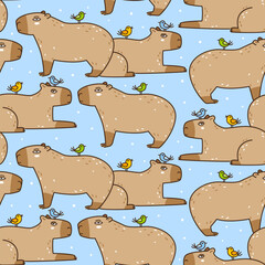 Seamless pattern with cute сartoon capybaras and birds on blue - funny animal background for Your textile and wrapping paper design