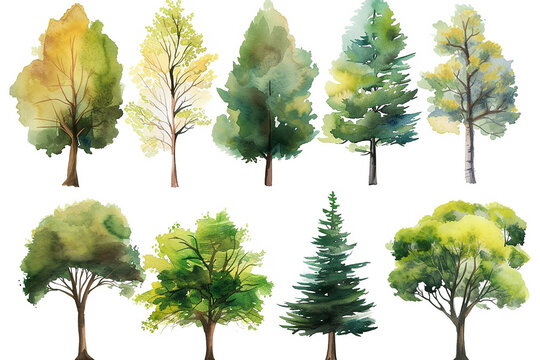 Set of watercolor green trees collection vector illustration