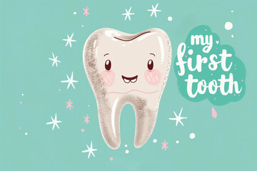 My first tooth baby party, illustration of cute tooth smiling 