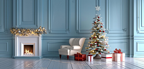 A tranquil Christmas corner with a fireplace, an armchair, and a Christmas tree that is lit up with fairy lights and surrounded by gifts, against a serene sky blue background
