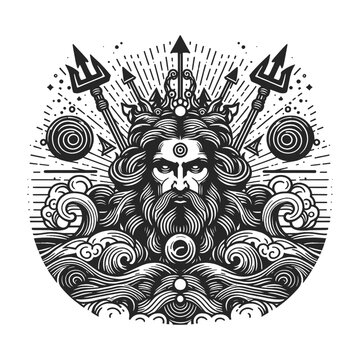 Poseidon god of the sea, holding a trident amidst ocean waves sketch engraving generative ai vector illustration. T-shirt apparel print design. Scratch board imitation. Black and white image.