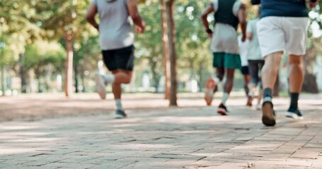 Group, legs and running for race, fitness and workout in park for urban marathon club in Atlanta. Diversity, people and sneakers for cardio, health and wellness as exercise, training and sport