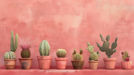 W obrazie przedstawiono rząd kaktusów rosnących w terrakotowych doniczkach ustawionych przed różowym murem. Rośliny mają zróżnicowane kształty i rozmiary, tworząc interesujący kontrast z tłem.