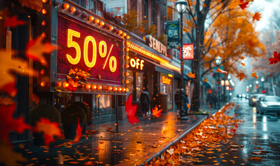 Autumn sale concept with a vibrant 50% off sign amidst falling leaves, portraying seasonal discounts in a cheerful, colorful shopping district - obrazy, fototapety, plakaty