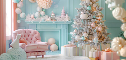 A whimsical Christmas area with a sky blue fireplace, a marshmallow armchair, and a tree with pastel ornaments and gifts