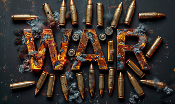 Intricately arranged bullets form the word WAR on a dark background, a powerful commentary on violence and the impact of armament