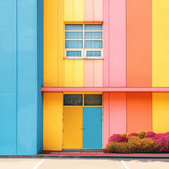 a colorful building with a parking lot and a door