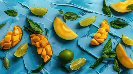 Na niebieskim stole ułożono plastry mango i limonki. Owoce są układane w sposób artystyczny i kolorowy, nadając całości świeży wygląd. - obrazy, fototapety, plakaty