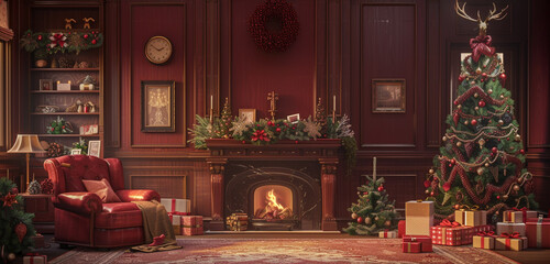 An elegant Christmas room with a fireplace, an armchair, and a Christmas tree filled with ornaments and surrounded by presents, all set against a rich burgundy background
