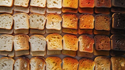 Widok z bliska na ułożone w szereg różne odcienie tostowanych kawałków chleba. - obrazy, fototapety, plakaty