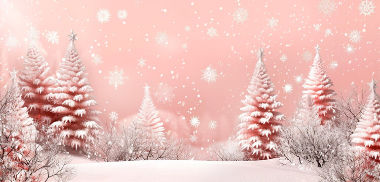 A winter scene with soft snowflakes falling against a blush pink sky, creating a serene Christmas atmosphere