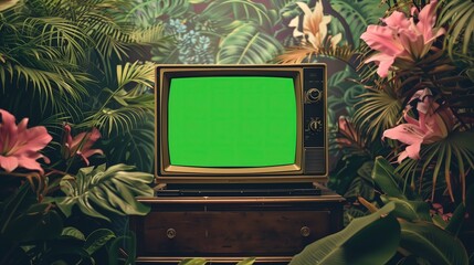 Stara telewizja z zielonym ekranem, otoczona roślinami tropikalnymi. Telewizor ma charakterystyczny design, a rośliny dodają tropikalnego klimatu. - obrazy, fototapety, plakaty