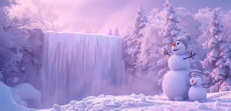 Broad winter vista featuring a merry snowman in front of a frozen waterfall under a light lilac sky, copy space ready