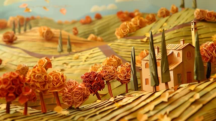 Deurstickers autumn landscape in tuscany origami paper sculpts © Aki