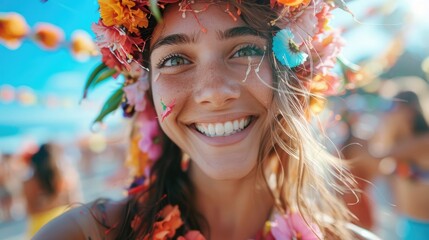 Drenched in the joyous festivities of Songkran, a young woman adorned with a vibrant lei beams with a bright smile, embodying the spirit of celebration and renewal.