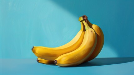 Kilka żółtych bananów ułożonych w grupie na jednolitej niebieskiej powierzchni, z niewielką różnicą w ich wielkościach i kształtach. - obrazy, fototapety, plakaty