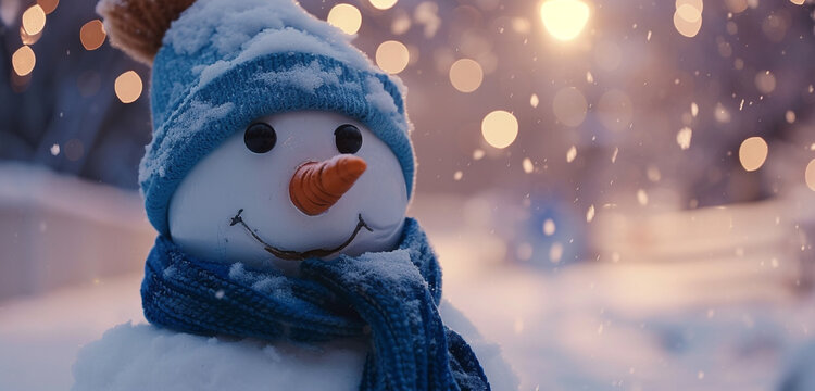 Close-up of a snowman wearing a blue scarf and cap, set against a snowy scene under a vibrant tangerine twilight sky, with soft bokeh effects and ample copy space