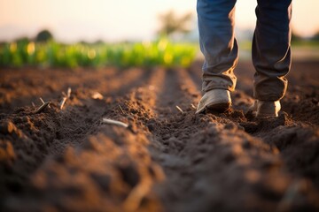 A close up view of a farmer's feet in worn shoes and dusty jeans, walking on fertile soil in a field at sunset