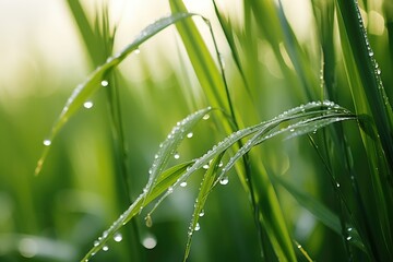 A close-up of lush green grass blades, each adorned with gleaming dewdrops in the early morning light, nature's delicate beauty and vitality