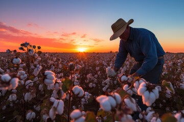 A farmer works in a vast cotton field at sunset, the sky ablaze with colors, highlighting the beauty and hard work of agricultural life - obrazy, fototapety, plakaty