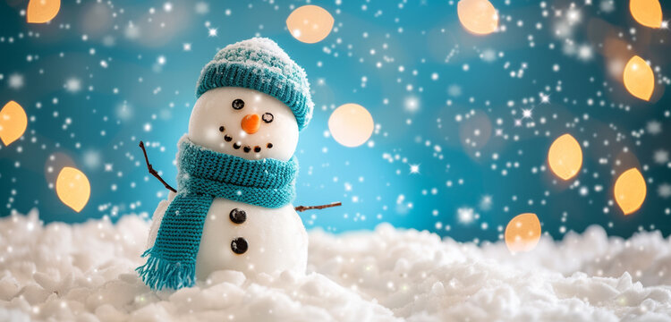 Close-up shot of a snowman with a blue scarf and cap set against a snowy environment, the background a serene teal dusk sky, stars dotting the sky for a peaceful scene and copy space