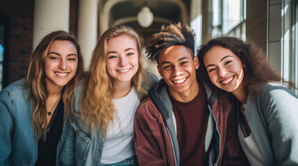 A group of multiracial young people, boys and girls, students of an educational institution smiling.