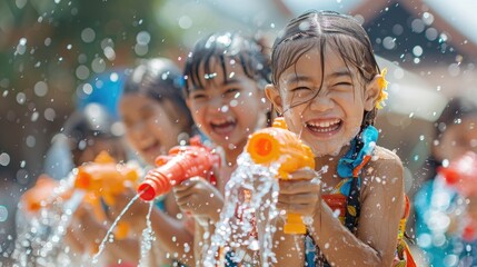 Laughing children engaged in playful water gun fun under the bright summer sun, splashes glistening in the air, Songkran. - obrazy, fototapety, plakaty