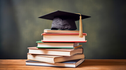 A stack of books and a hat, graduate cap on a wooden surface background.