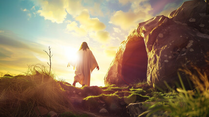 Jesus emerges from the stone tomb into the daylight bathed in the sun