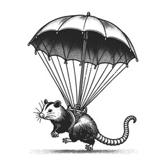 whimsical opossum fly in large umbrella sketch engraving generative ai vector illustration. Scratch board imitation. Black and white image.
