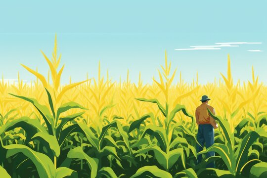 An illustration depicting a farmer standing amidst a field of tall, mature corn stalks under a clear blue sky, capturing a moment of agricultural life