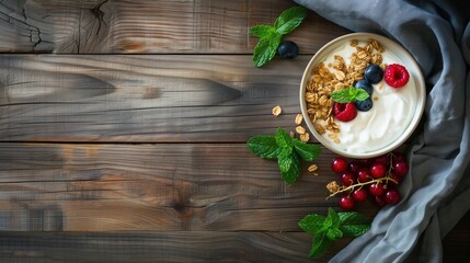 Miska jogurtu z jagodami i liśćmi mięty ze zwiniętym obrusem na panelach drewnianych