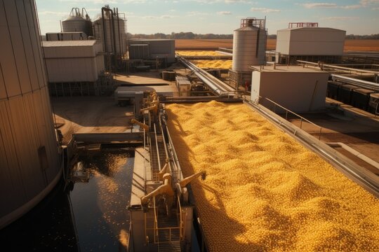 Overlooking a corn processing plant filled with golden grains, highlighting the scale of agricultural production and storage