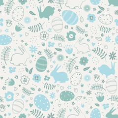 Easter Seamless Pattern with Easter bunnies, eggs, flowers, hearts, leaves. Happy Easter Abstract design. Vector illustration on beige background