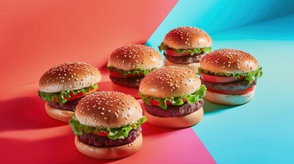 Grupa 6 hamburgerów na stole na niebiesko czerwonym geometrycznej aranżacji - obrazy, fototapety, plakaty