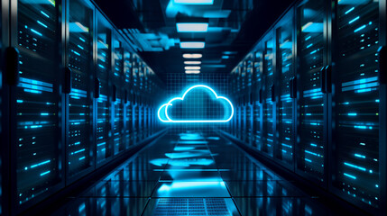 a cloud-based data storage system. cloud in the center of the server room - obrazy, fototapety, plakaty