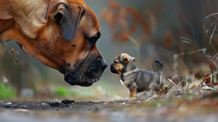 Największy pies i maleńki szczeniak badają swoje zapachy, zbliżając się do siebie.
