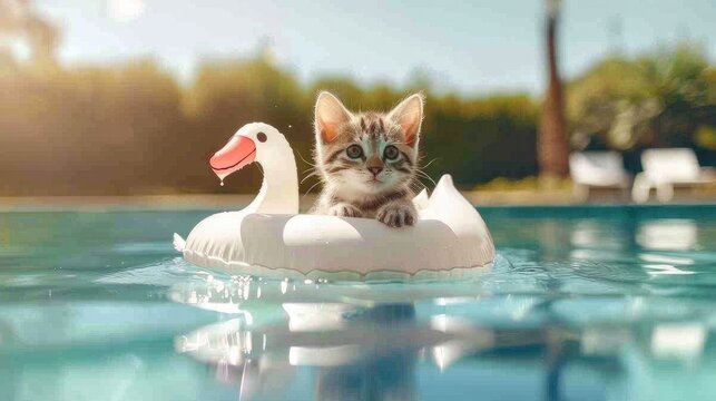 A delightful image of a realistic kitten wearing an inflatable swan floatie, enjoying a sunny day in the pool.