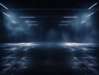 Dark street asphalt abstract dark blue background empty open dark scene neon light spotlights the concrete floor and studio room with faint smoke float up the interior texture for display products - obrazy, fototapety, plakaty