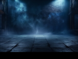 Dark street asphalt abstract dark blue background empty open dark scene neon light spotlights the concrete floor and studio room with faint smoke float up the interior texture for display products - obrazy, fototapety, plakaty