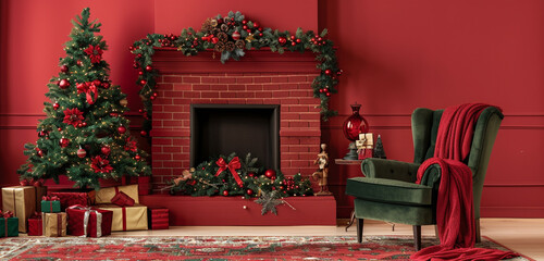 A classic Christmas room with a red brick fireplace, a traditional armchair, and a Christmas tree with red and green decorations and gifts, against a classic red background
