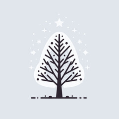 Christmas tree with snow and stars, winter tree icon design, Vector illustration in flat style, generative ai