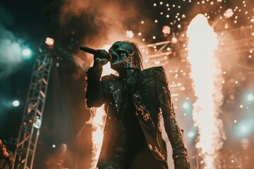 undead lead singer of a rock band singing on a concert, the undead wearing black and gold clothes, pyrotechnics / fireworks in the background, stage setting, night time  - obrazy, fototapety, plakaty