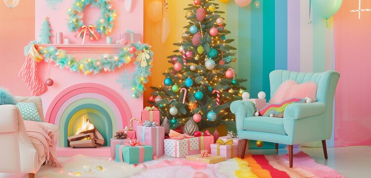 A dreamy Christmas setup with a fireplace, an armchair, and a Christmas tree with whimsical decorations and gifts, set against a dreamy pastel rainbow background