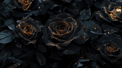 Immerse in the mystery of a patch of small black and gold roses against a black background