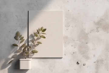Empty white vertical rectangle poster mockup with soft hawthorn leaves shadows on neutral light grey concrete wall background. Flat lay, top view 3D illustration