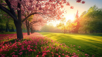 a field of pink flowers and trees