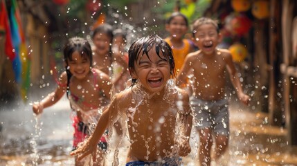 Obraz premium Songkran, Children in high spirits, captured in a moment of pure joy and laughter, as they play in glistening water sprinkles on a sunny day.