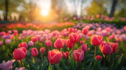 Meubelstickers a field of pink tulips © Dogaru