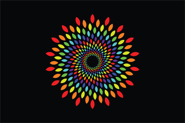 Rainbow colored swirl retro spiral mandala pattern on black background, vector graphic design